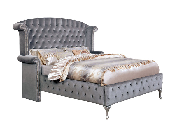 Clerita Transitional Wingback Tufted Eastern King Bed in Gray