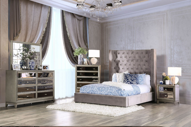 Kerch Transitional California King Wingback Bed in Gray