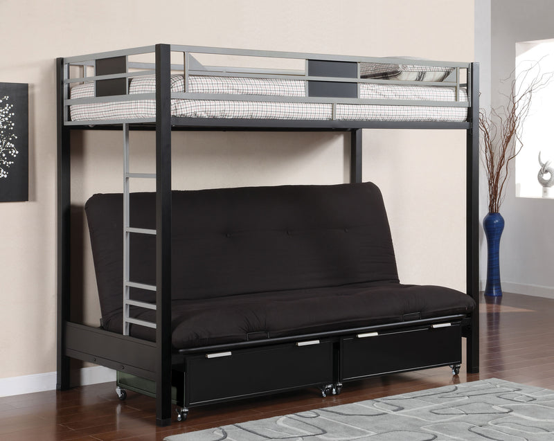 Clifton Contemporary Twin Bunk Bed with Futon Base in Silver and Gun Metal