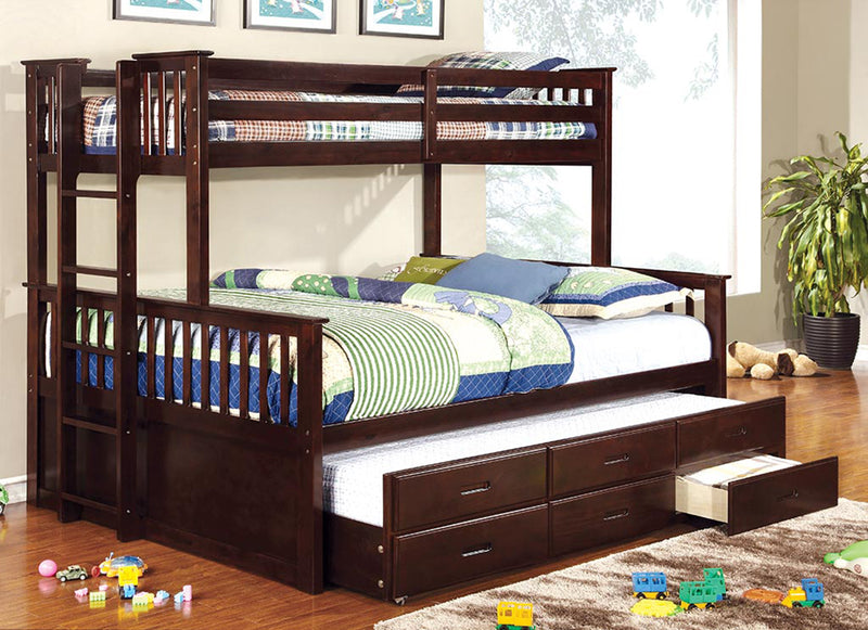 Andris Cottage Solid Wood Twin over Full Bunk Bed in Dark Walnut