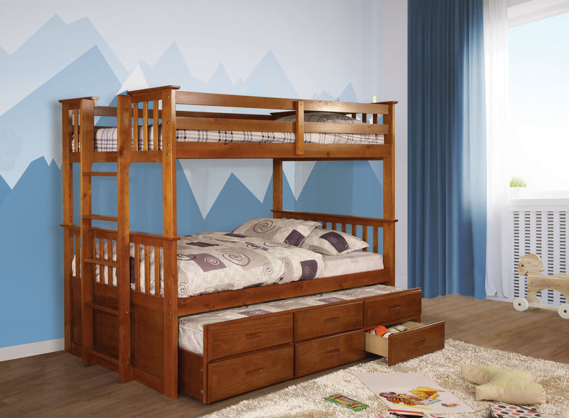 Andris Cottage Solid Wood Twin XL over Queen Bunk Bed in Oak