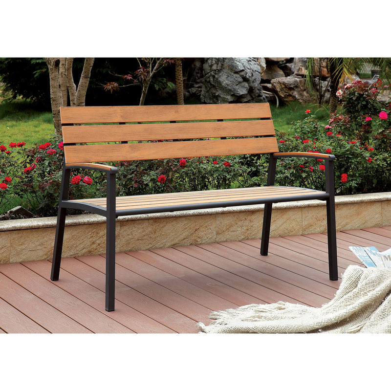 Rhea Transitional Slatted Patio Bench in Oak