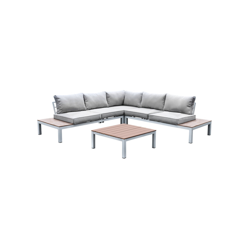 Felisa Contemporary Faux Rattan Patio Sectional with Table in White, Oak and Light Gray