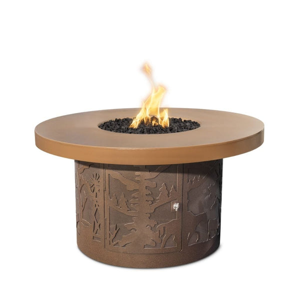 The Outdoor Plus 46" Outback Cattle Ranch GFRC Metallic/Rustic Top and Powdered Steel Base Round Liquid Propane Fire Table - 12V Electronic