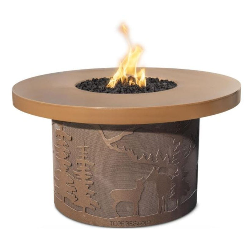The Outdoor Plus 46" Outback Deer Country GFRC Metallic/Rustic Top and Powdered Steel Base Round Liquid Propane Fire Table - 12V Electronic