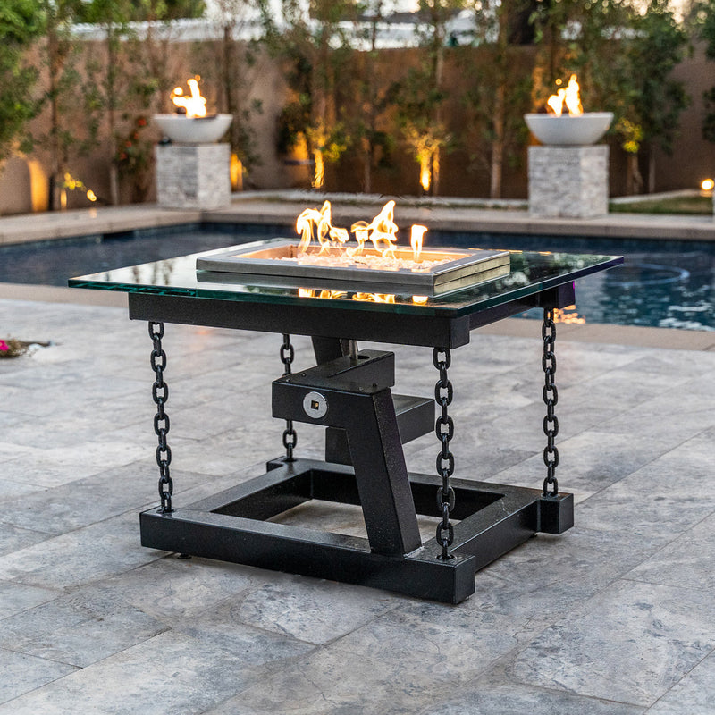 The Outdoor Plus Newton 38" Black Powder Coated Metal Liquid Propane Fire Pit with Chain Support & Match Lit Ignition