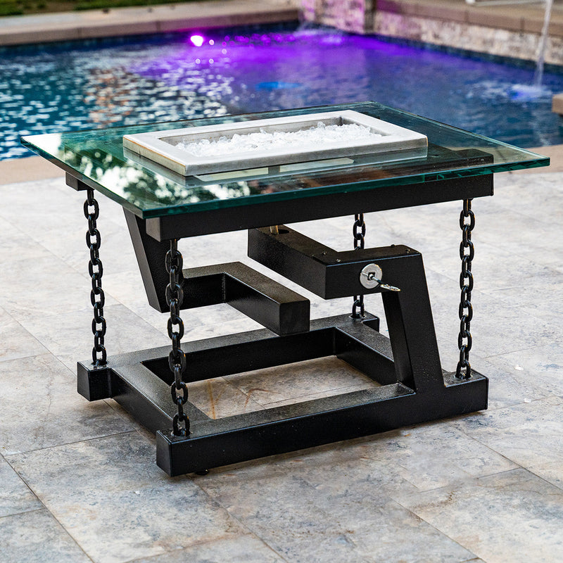 The Outdoor Plus Newton 38" Silver Vein Powder Coated Metal Liquid Propane Fire Pit with Chain Support & Match Lit Ignition