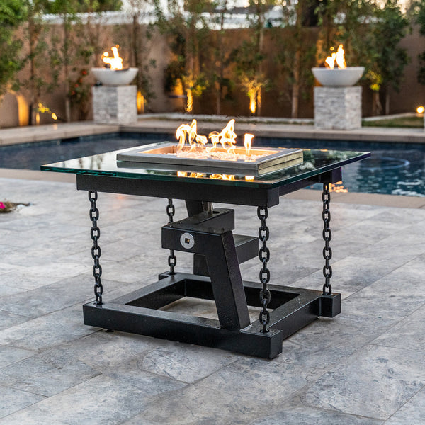 The Outdoor Plus Newton 38" Silver Vein Powder Coated Metal Liquid Propane Fire Pit with Chain Support & Match Lit Ignition