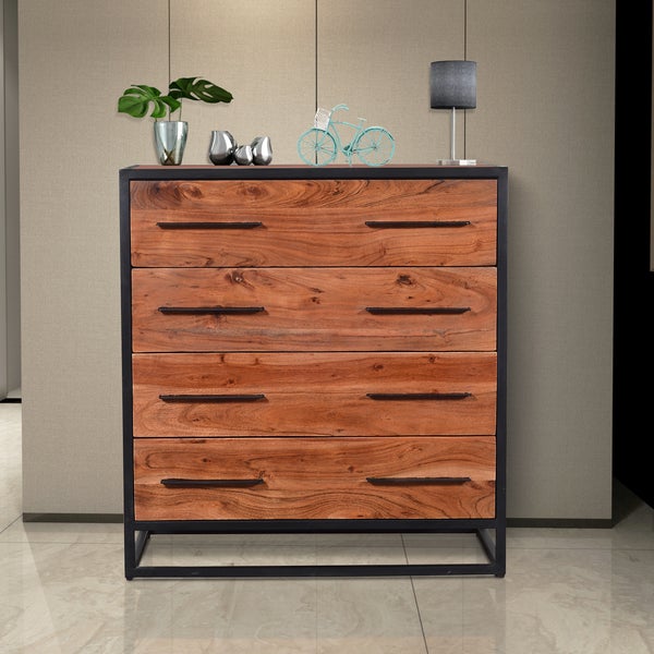 Handmade Dresser With Live Edge Design 4 Drawers, Brown And Black