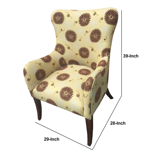 Patterned Fabric Arm Upholstered Side Sofa Chair With Flared Legs, Brown And Yellow