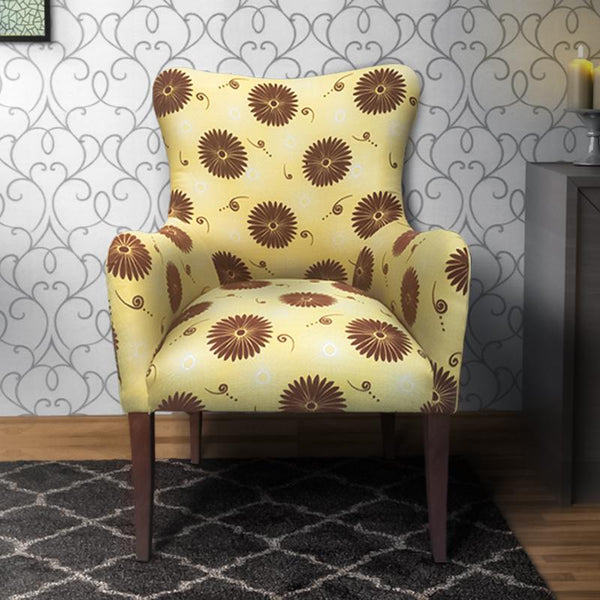Patterned Fabric Arm Upholstered Side Sofa Chair With Flared Legs, Brown And Yellow