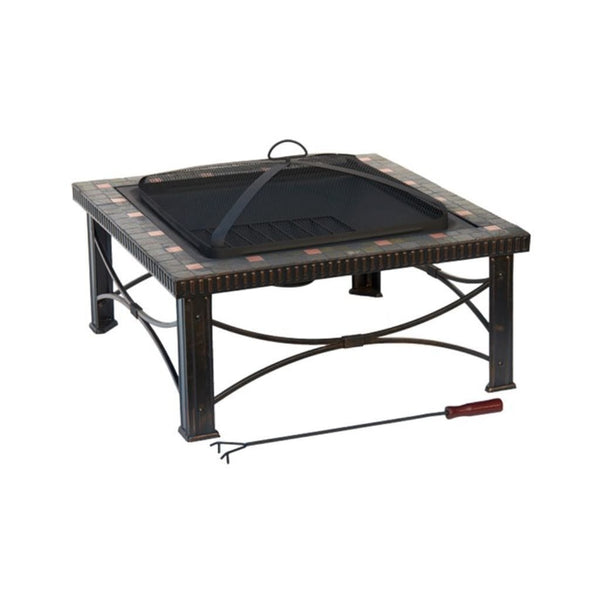 AZ Patio Heaters 30" Square Slate Tile Square Wood Burning Fire Pit-Poker/Cover Included