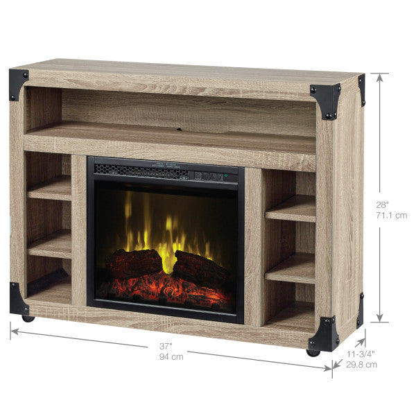 Dimplex Chelsea TV Stand Electric Fireplace- Featuring an 18" electric fireplace, a distressed oak finish,and dark metal accents
