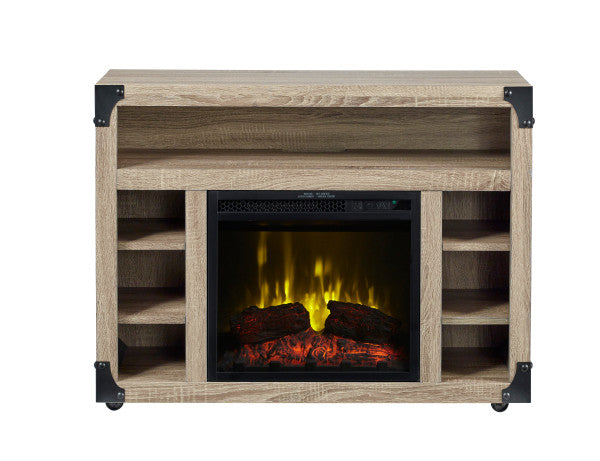 Dimplex Chelsea TV Stand Electric Fireplace- Featuring an 18" electric fireplace, a distressed oak finish,and dark metal accents