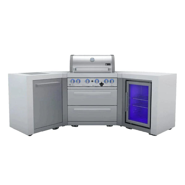 Mont Alpi 400 Deluxe Gas Island Grill: 45 Degree Design with Fridge Cabinet, Infrared Side Burner & Rotisserie Kit 