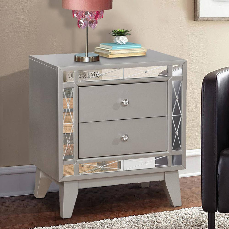 Wooden Nightstand With 2 Drawers, Mercury Silver