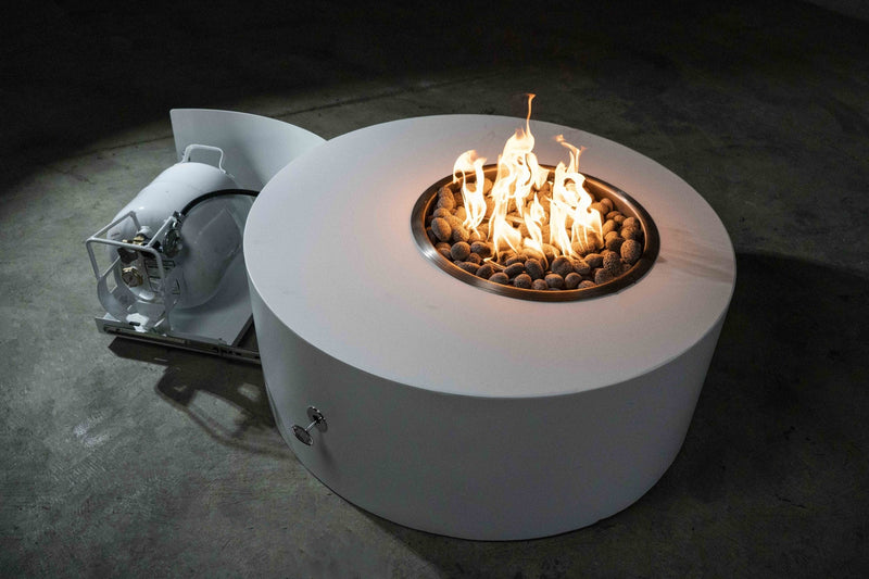 The Outdoor Plus Isla 42" White Powder Coated Metal Natural Gas Fire Pit with 110V Electronic Ignition & Gravity Lounge Chair