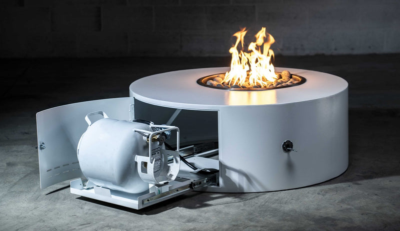 The Outdoor Plus - Isla 60" White Powder Coated Metal Natural Gas Fire Pit with Flame Sense with Spark Ignition & Gravity Lounge Chair