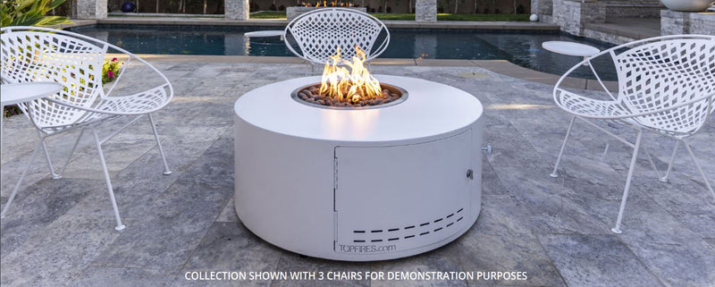 The Outdoor Plus Isla 42" Java Powder Coated Metal Liquid Propane Fire Pit with Flame Sense with Spark Ignition & Gravity Lounge Chair